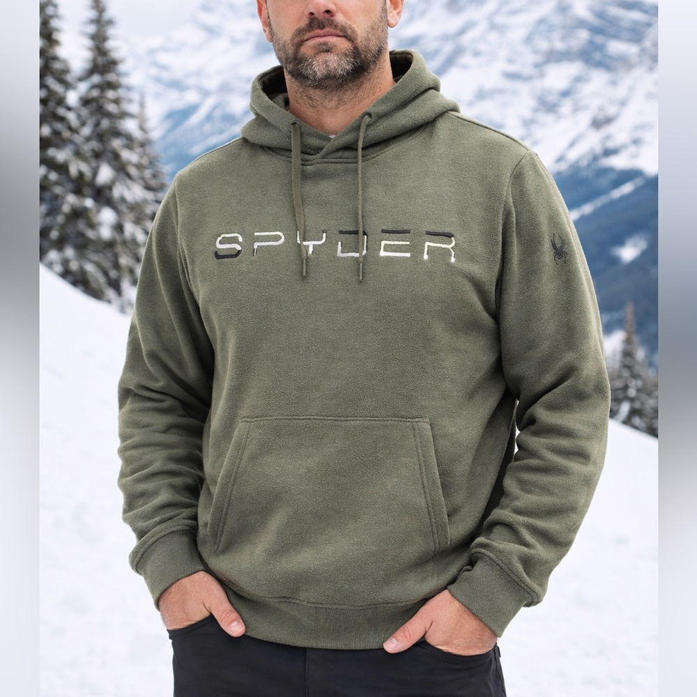 Spyder Fleece Hoodie Olive Green Pullover Logo Mens Size Large pockets